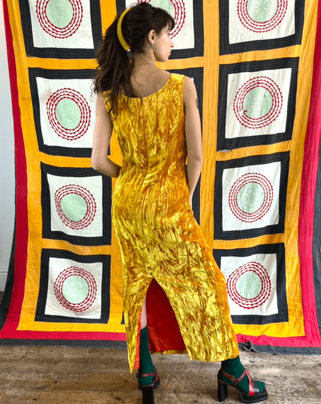 Crushed Honey Velvet Dress, 1980’s/90’s - Size 8