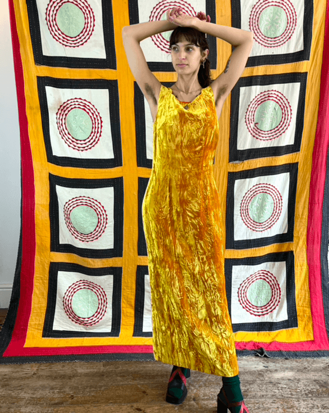 Crushed Honey Velvet Dress, 1980’s/90’s - Size 8